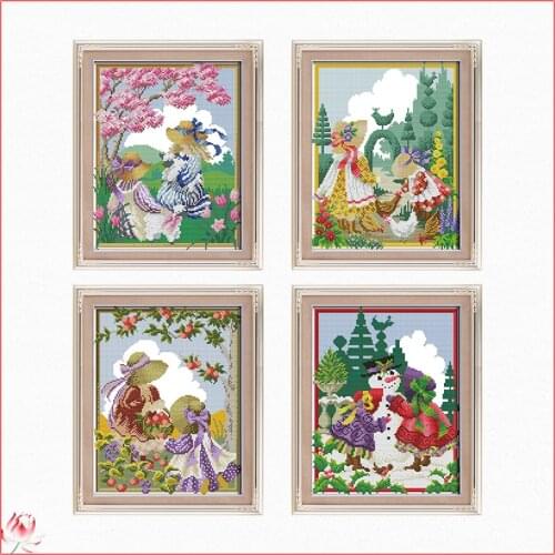Four Seasons Girls Counted Cross Stitch Pattern Kits 14CT 11CT Printed Fabric Embroidery Sets DIY Needlework Craft Home Deco