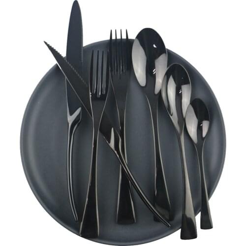 Black 7pcs Dinnerware Set Stainless Steel Kitchen Tableware Set Steak Knife Dessert Coffee Spoon Fork Cutlery Party Accessories