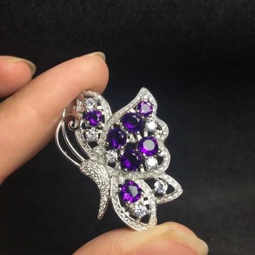 Natural Amethyst butterfly brooch Free shipping Natural real Amethyst 925 sterling silver For men or women