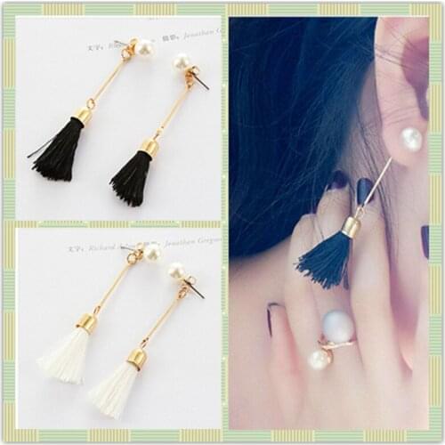 New long black pearl gold earrings black and white fabric silk tassel earrings for women of ethnic jewelry earrings