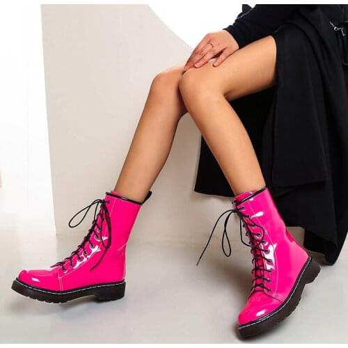 Autumn Winter Lady New Cross Straps Street Boots Female Low-Heel Comfortable Martin Boots Patent Leather Round Toe Womens Shoes