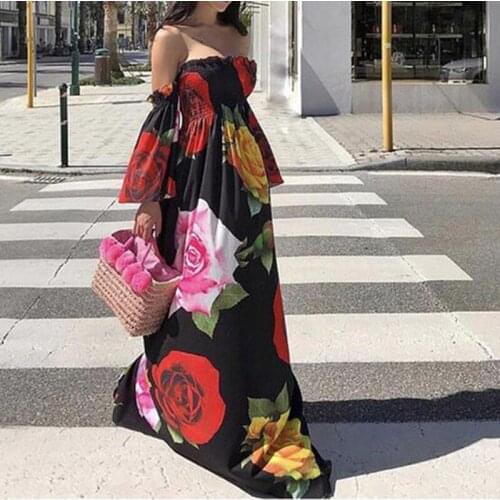Sexy Tube Top Dress Ladies Floor Long Dresses 2021 Flower Print Flared Sleeve Dress Summer Beach Female Loose Dress Sundresses