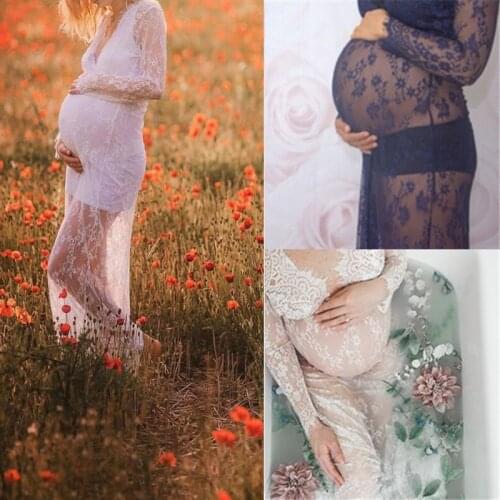 Women V-neck Gown Lace Maternity Maxi Dresses Fancy Shooting Photo Pregnant Women Dresses Photography Props Maternity Clothing