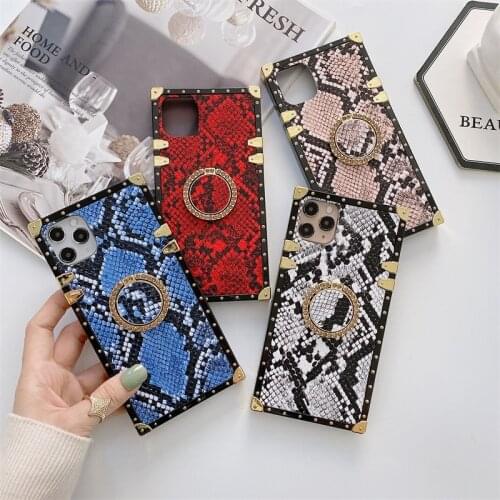 Luxury Snake Skin PU Leather Square Phone Case For iPhone 12mini 11Pro Max XS XR SE2020 7 8 Plus cover For Samsung S20 S10 S20FE