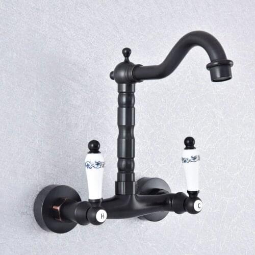 Kitchen Wet Bar Bathroom Vessel Sink Faucet Black Oil Rubbed Brass Wall Mounted Swivel Spout Mixer Tap Dual Ceramic Lever msf758