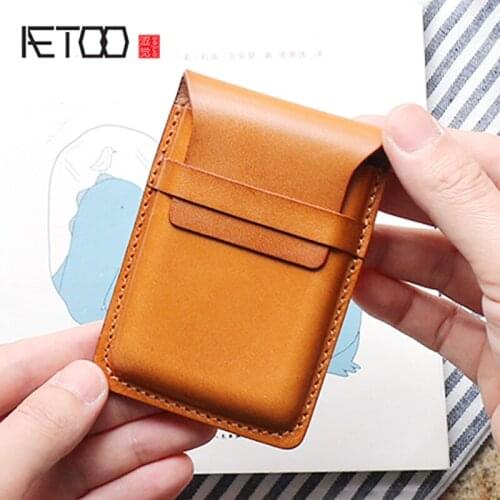 AETOO Tanning cowhide Card bag male leather card clip female coin Wallet small retro small card bag