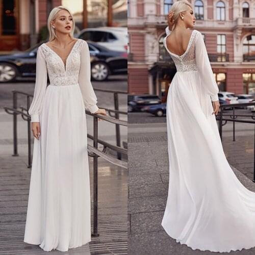 Wedding Dress Elegant V-neck A-line Wedding Gowns 2021 Appliques High Quality Chiffon Long Sleeve Bridal Dress Vestido De Novia