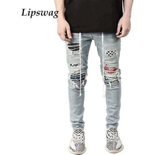Vintage Patchwork Embroidered Ripped Jeans For Men Fashion Stretch Jogging Denim Trousers 2021 Hip Hop Mens Skinny Denim Pants