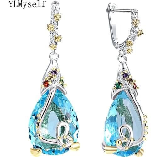 Big Teardrop LT Blue Zirconia Dangle Earrings Flower Jewellery Silver Plated Brass Jewelry Womens Drop Earring