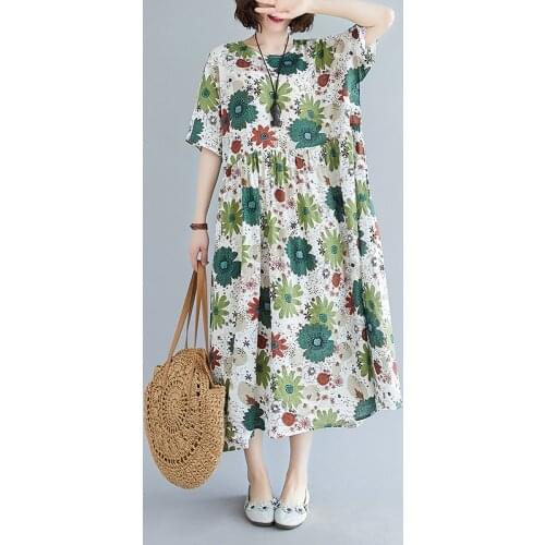 Johnature Women Vintage Green Floral Dresses 2021 New Summer O-Neck Short Sleeve Cotton Blend Female Loose Dresses
