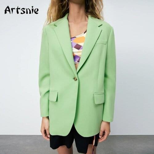 Artsnie Streetwear Casual Blazer Women Autumn Notched Long Sleeve Single Button Coats Jackets Winter Pockets Ladies Blazers