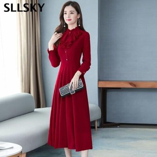 SLLSKY Spring Autumn New Chiffon Mid-calf Dress Women Solid A-line Buttons Ruffled bottoming dress Elegant Office lady dress