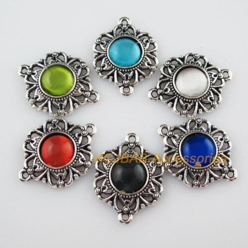 6 New Flower CatEye Stone Connectors Mixed Charms Tibetan Silver Pendant 21x28mm