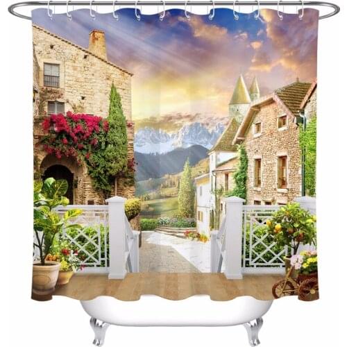 Architecture House Old Town Street Shower Curtain Landscape Bathroom Waterproof Washable Polyester Fabric for Art Bathtub Decor