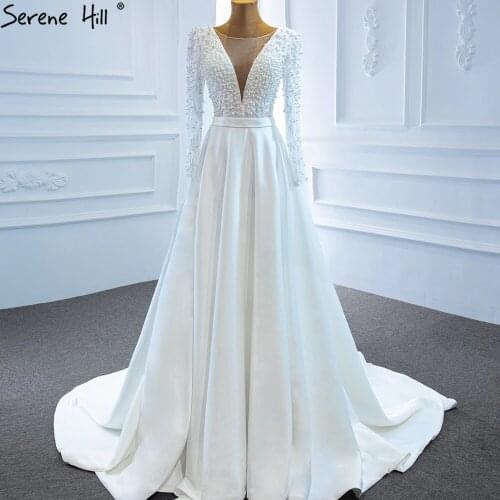 Satin White Split Sexy Evening Dresses Gowns Long Sleeves Beading Pearls For Women Party 2020 BHM67197 Serene Hill