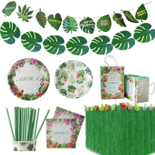 Jungle Birthday Parties Decoration Artificial Flowers Palm Leaves Bunting Banner Flamingo Tropical Party Wedding Decorations