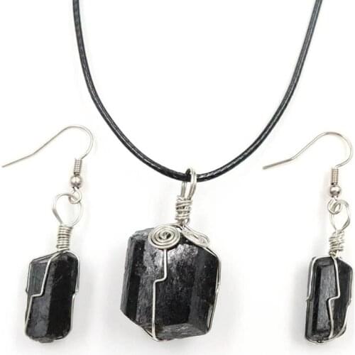 FYSL Silver Plated Wire Wrap Irregular Shape Black Tourmaline Stone Pendant Drop Earrings Ethnic Style Jewelry Set