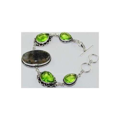Jaspers & Peridots Silver Overlay on Copper Bracelet , 20 cm, B1645