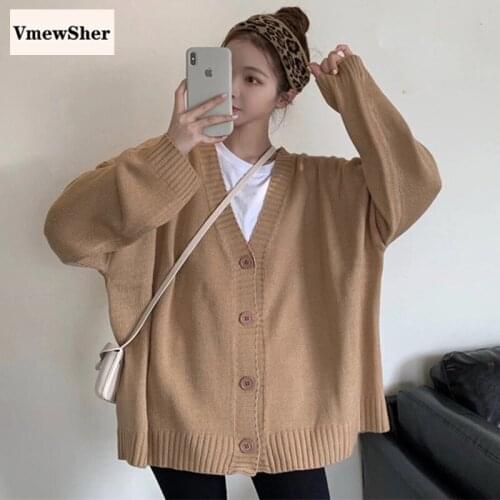 Vmewsher New Women Autumn Cardigan Elegant Loose Single Breasted Sweater Coat Long Sleeve V-neck Knitwear Stylish Knit Top 2021