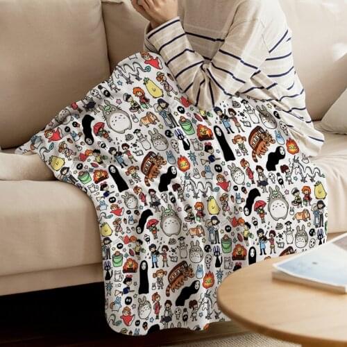 Kawaii Ghibli Doodle Throw Blanket Home Decoration Cute Cartoon Characters Warm Microfiber Blankets For Bedroom
