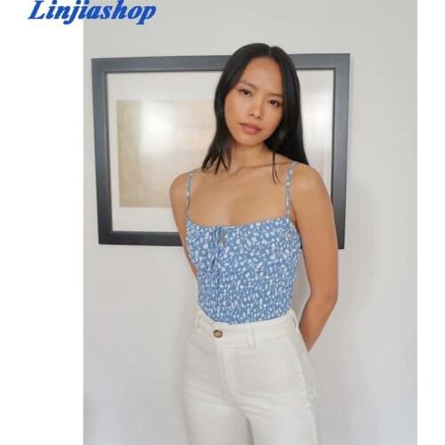 Fashion blue floral print women tank top casual drawstring femme camis slim elastic summer tops