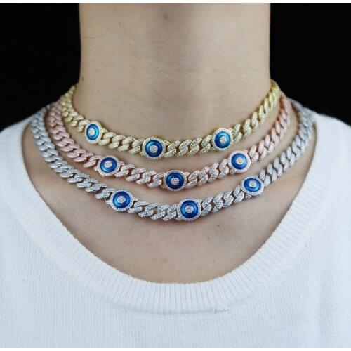 2021 New Fashion Classic Trendy Women Jewelry Iced Out Cuban Link Chain Micro Pave CZ Blue Evil Eye Charm Choker Bling Necklace