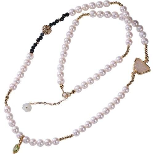 S925 sterling silver gold plated Hetian Jade Pearl personality butterfly Vintage Ladies sweater chain necklace