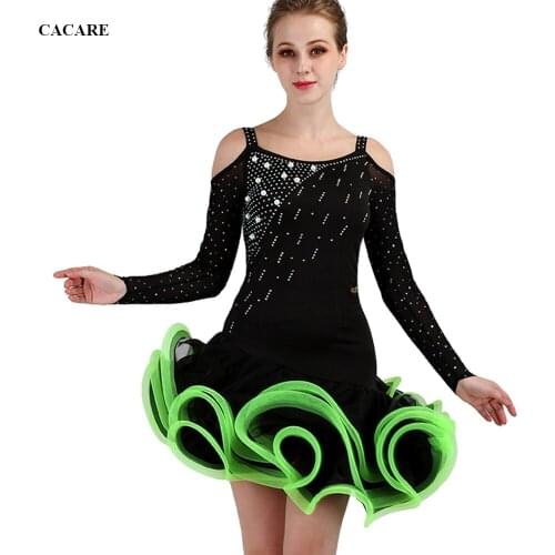 Latin Dance Dress Latin Competition Dresses Flapper Customized Size D0462 Long Net Sleeve with Fluffy Hem Bulk Rhinestones