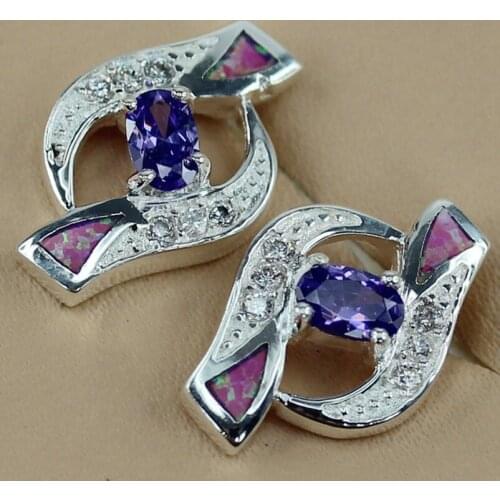 SHUNXUNZE Vintage wedding Stud earrings Jewelry & Accessories for women Purple Cubic Zirconia and Pink opal Rhodium Plated R4106
