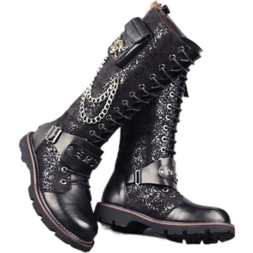 South korea foreign trade high riding boots men long fashion punk rock leather boots Martin boots wide head