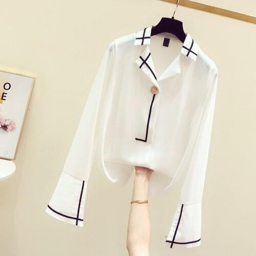 Fashion Design Chiffon White Women Shirts Striped Flare Sleeved Loose Elegant Office Lady Outwear Tops