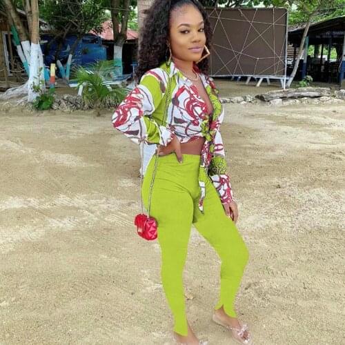 Autumn Printed 2 Piece Pants Sets Women Long Sleeve Shirt Top and Slit Flare Pants Sexy Club Outfits for Women Matching Sets