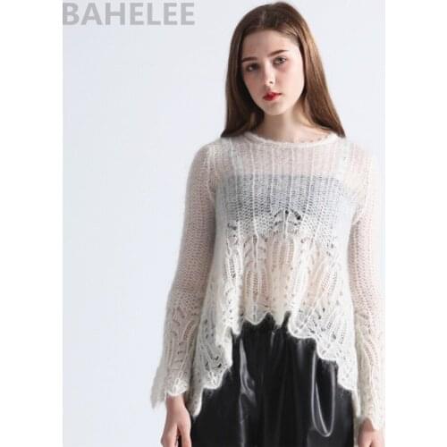 BAHTLEE Spring Autumn Womens Mohair Pullovers O-Neck Hollowing Out Sweater Knitted Long Sleeves Wool Jumper Lazy Style