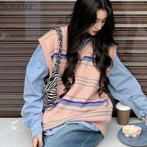 Sweater Vest Women Sweet Loose Patchwork Student All-match Sleeveless Korean Style Stylish Casual V-Neck Female Clothing Autumn