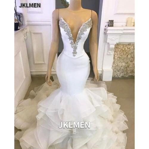 Crystals Deep V-neck Lace-up Back Ruffle Organza Mermaid Wedding Dress Sexy Bodice Long Train Bridal Gown Vestido De Novia