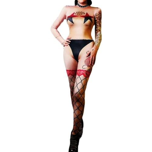 Star Floral Letter Pattern Printing Plaid Tights Jumpsuit Women Party Evening Costume Personality Performance Costume Ladies