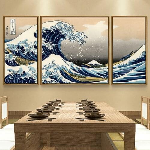 3Panel Canvas Painting Japanese Style Traditional Wave Kanagawa Posters Vintage Wall Art Pictures for Living Room Home Decor
