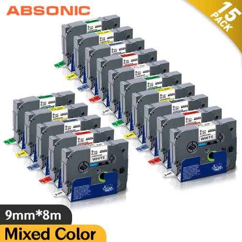 Absonic 15PK 9mm Label Tape for Brother TZe-221 TZe-421 TZe-521 TZe-621 TZe-721 Cassette Ribbon Compatible Brother Label Printer