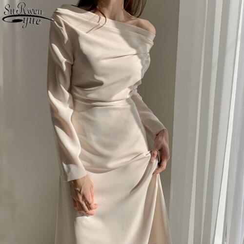 Irregular Slim and Slim Joker Dress Women White Black Long Sleeve Slash Neck Sexy Mature Long Dresses Vestido 13067