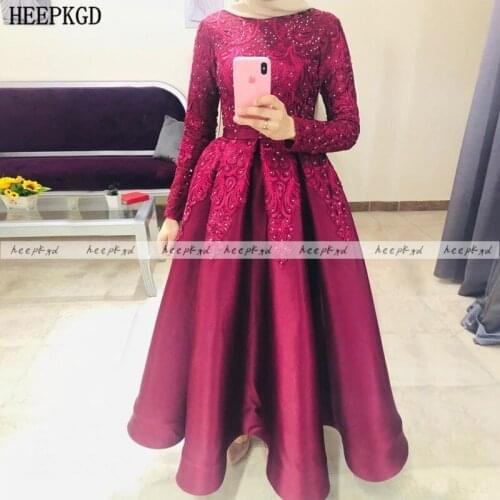Burgundy Muslim Long Sleeves Evening Dress Crystal Lace Exquisite Prom Gowns Plus Size Middle East Women Wedding Party Dresses