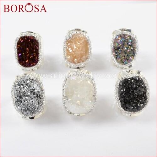 BOROSA 5PCS Oval Natural Titanium Druzy Band Ring Silver Color Rainbow Gems Stones Rings Drusy Jewelry JAB939