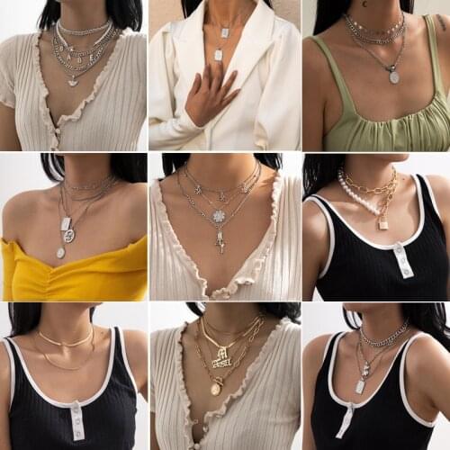 2021 Fashion Multilayer Hip Hop Long Chain Necklace For Women Men Jewelry Gifts Key Padlock Coin Pendant Necklaces Accessories