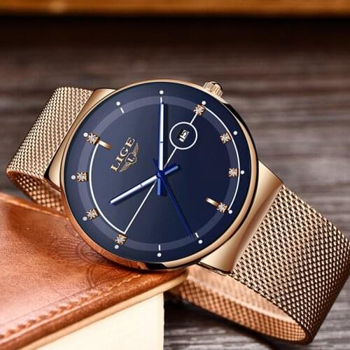 LIGE Fashion Mens Watches Top Brand Luxury Ultra Thin Quartz Watch For Men Mesh Strap Waterproof Gold Watch Relogio Masculino