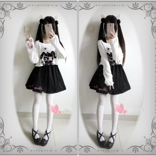 Harajuku Girl Cute Gloomy Bunny 2pcs Womens Set: Long Sleeve Hoodie Shirt + Sleeveless Tank Black Dress Lolita Punk Feel