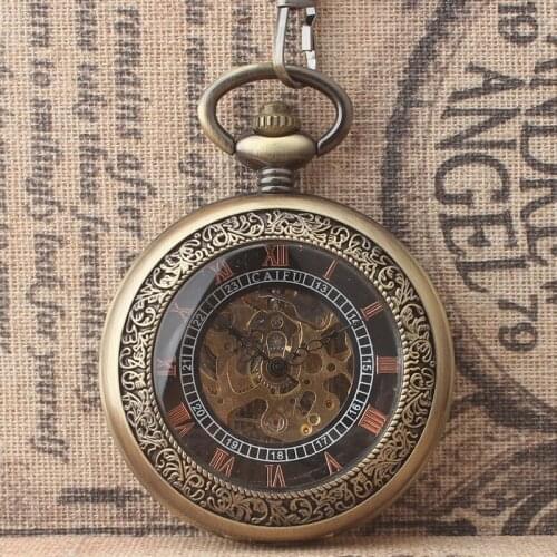 Hot Sell Steampunk Bronze Skeleton Mechanical Pocket Watch Transparent Glass Roman Dial Flip Women Pocket Watches