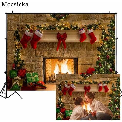 Mocsicka Old Stone Fireplace Christmas Backdrop for Photography Christmas Tree Socks Gift Photo Background Family Portrait Props