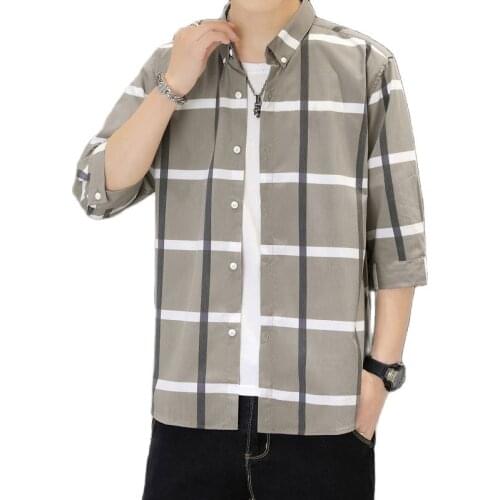 2021 Mans Block Plaid Shirts Long Sleeve Leisure Loose Medium Sleeve Shirt Short Sleeve Male Korean Fashions Clothes M-5XL