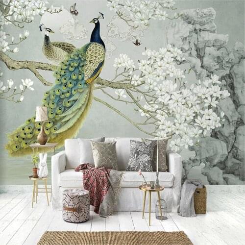 Custom Mural Wallpaper 3D Peacock Magnolia Flowers Wall Painting Living Room Study Home Decor Wall Painting Papel De Parede 3 D