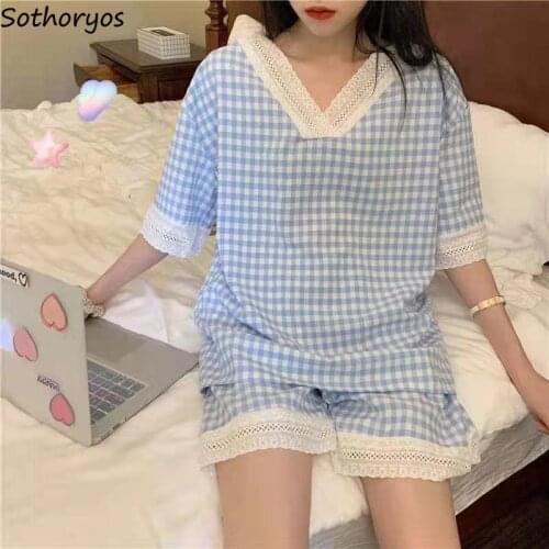 Plaid Pajama Sets Women V-neck Short Sleeve Tops Cozy Shorts Large Size M-3XL Sweet Girls Nightwear Loose Candy Color Lounge Hot