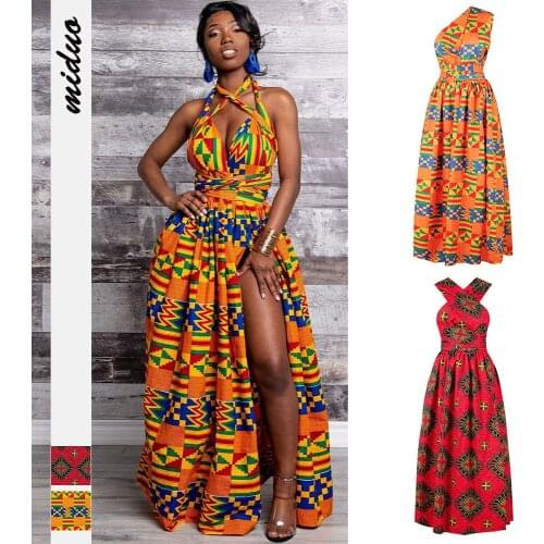 MCK African Fabric Women Dress Print Long Maxi Elegant Belt Wrap Slit Split Sundress Summer Women Colorful Clothing Africa